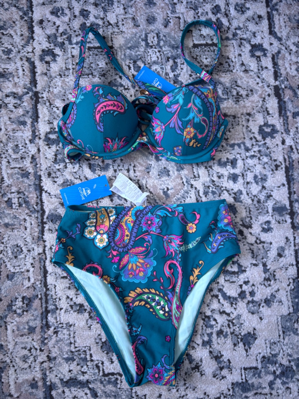 Cupshe Teal Floral Paisley High-Waist Bikini Set